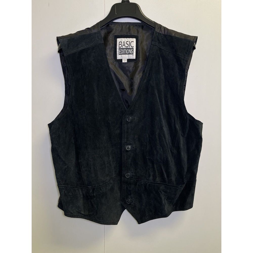 Vintage Basic Editions Mens Size L‎ Suede Leather Vest Black Lined Pockets